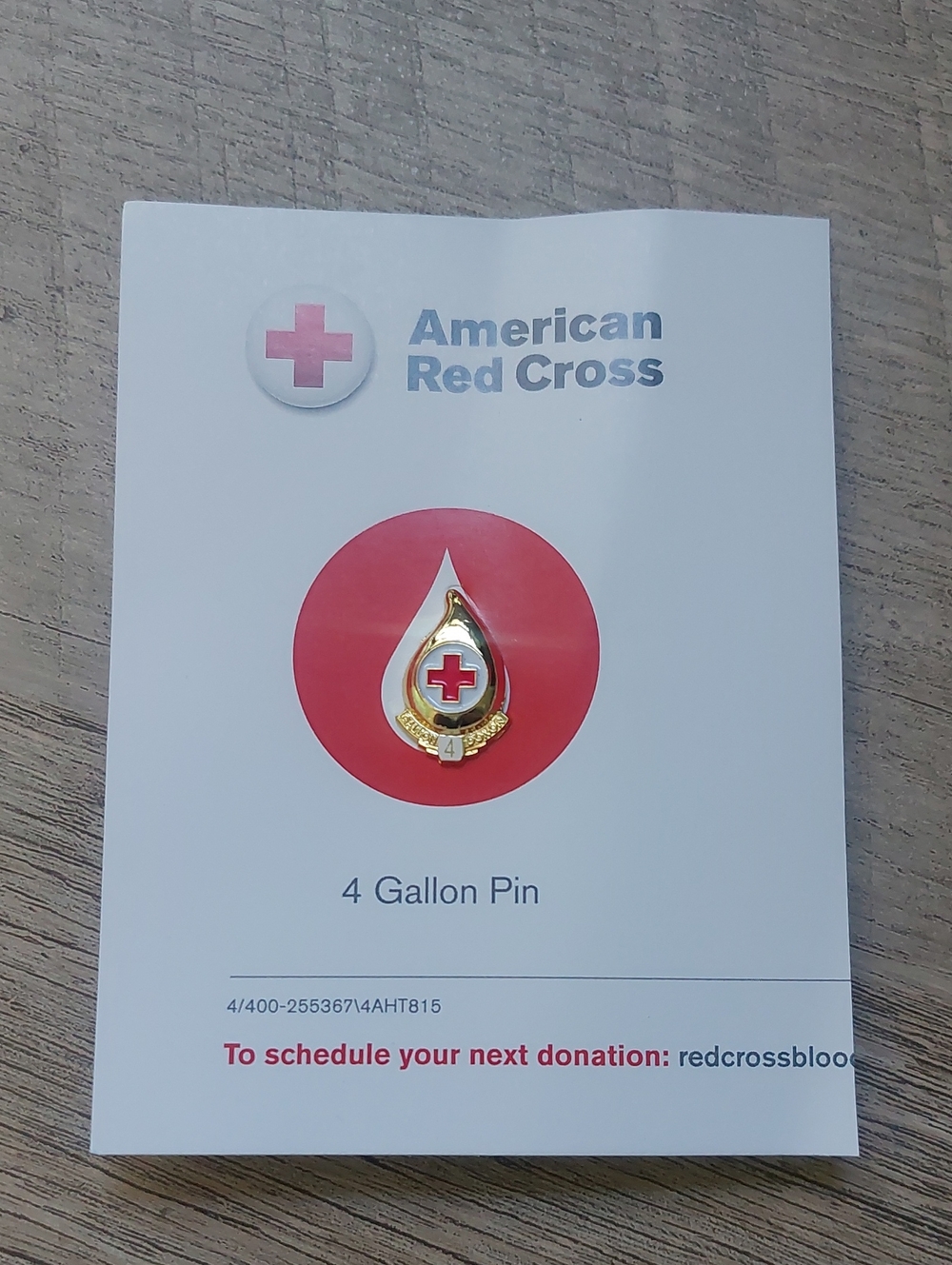 Official American Red Cross 4 Gallon Blood Donation Pin - Gold & Red